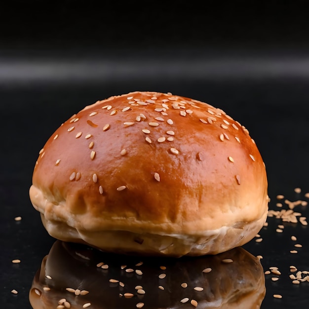 Photo bun with sesame seeds on a black background with water drops