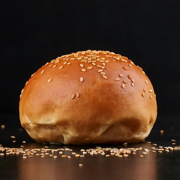 Photo bun with sesame seeds on a black background with water drops