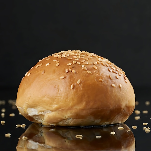 Bun with sesame seeds on a black background with water drops