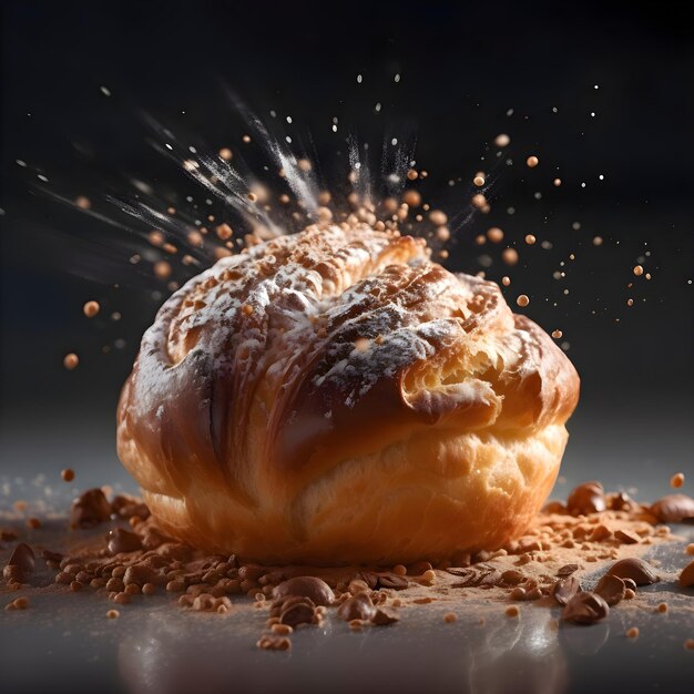 Bun with sesame seeds and flying flour on dark background