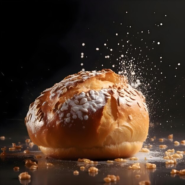 Bun with sesame seeds sprinkled with flour on a black background