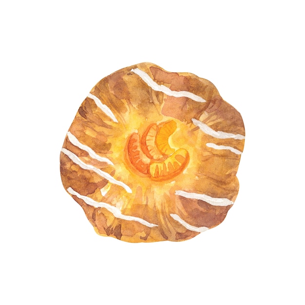 Bun with tangerines and icing. Hand drawn watercolor illustration. Isolated on white wall.