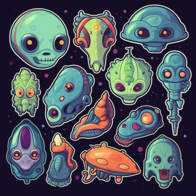 A bunch of alien stickers with different faces and eyes generative ai