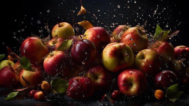 A bunch of apples are sprinkled with water and are being dropped into a bowl.