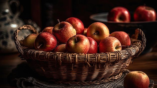 A bunch of apples in a basket with black background and blur