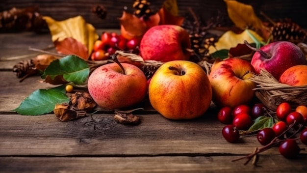 A bunch of apples and berries on a wooden table