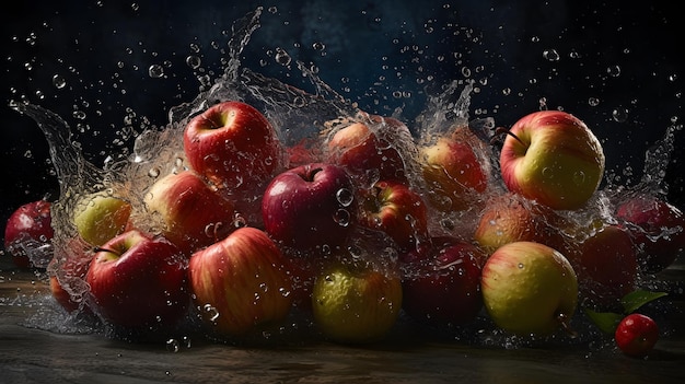 A bunch of apples in a bowl with water splashing around them