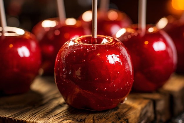 a bunch of apples that are on a wooden table