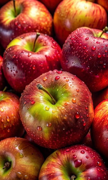 a bunch of apples with water droplets on them