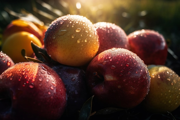 A bunch of apples with water droplets on them