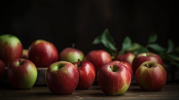 A bunch of apples on a wooden table