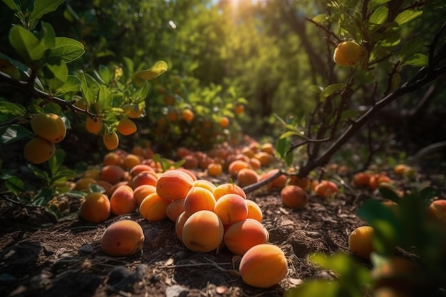 A bunch of apricots on the ground in a grove Generative AI