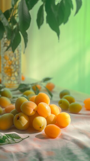 A bunch of apricots on a table with a glass of water in the background