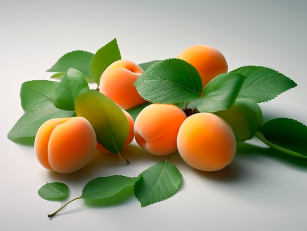 A bunch of apricots with leaves on a white background