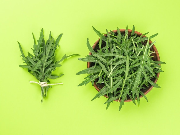 A bunch of arugula and a bowl with fresh leaves on a green background Flat lay