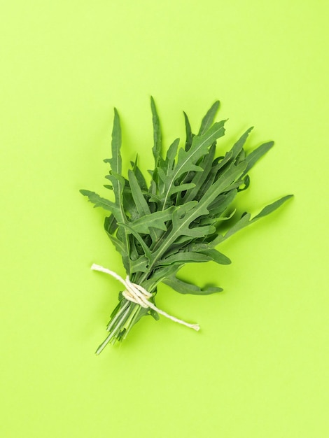 Un mazzetto di foglie di rucola su sfondo verde piatto lay