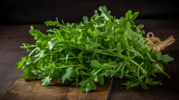 A bunch of arugula on a wooden table