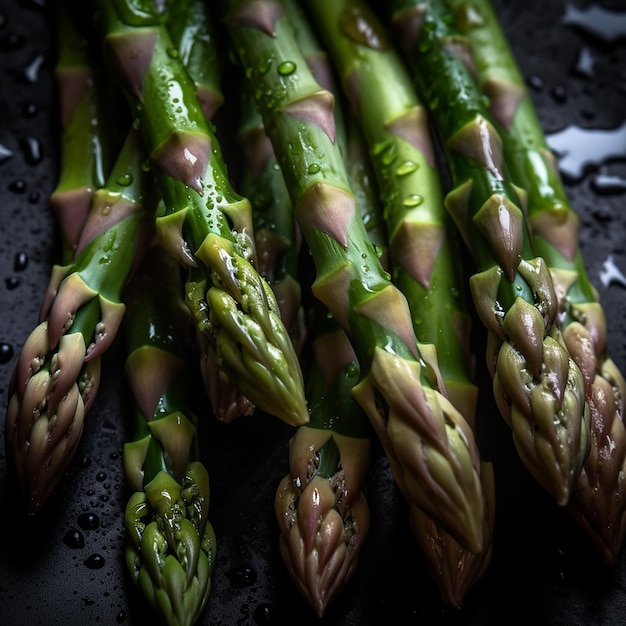 A bunch of asparagus on a black surface with water droplets on them.