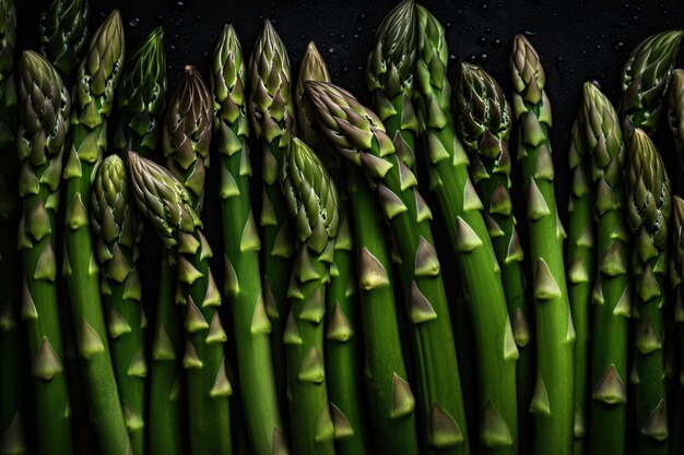 A bunch of asparagus is shown on a black background.