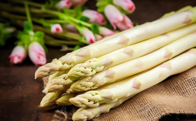 A bunch of asparagus with a bunch of pink flowers in the background