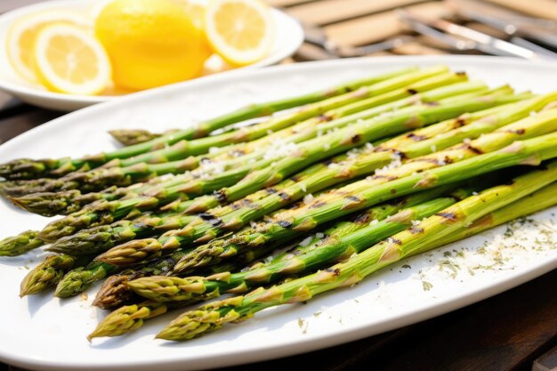 Bunch of asparagus with grill marks displayed on a platter