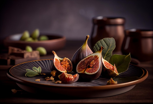 Bunch autumn figs plateon dark background AI Generated