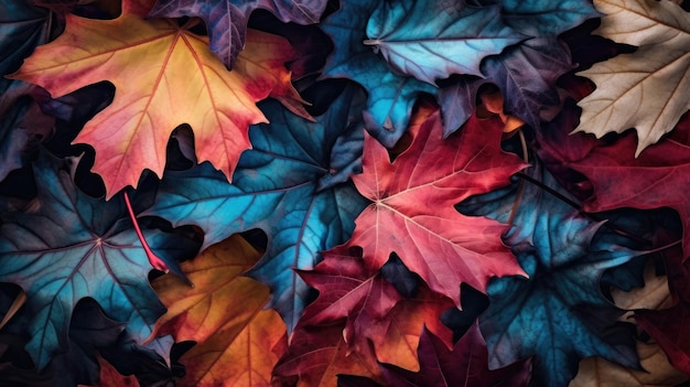 A bunch of autumn leaves on a black background