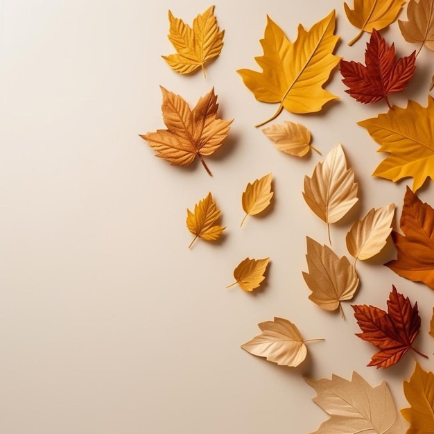 A bunch of autumn leaves on a white background.