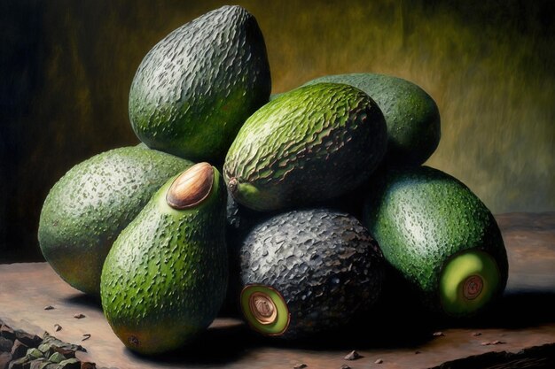 A bunch of avocados in green When one of them is opened the pulp and stone may be seen