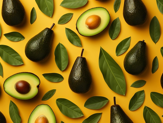 a bunch of avocados with the background of leaves and avocados