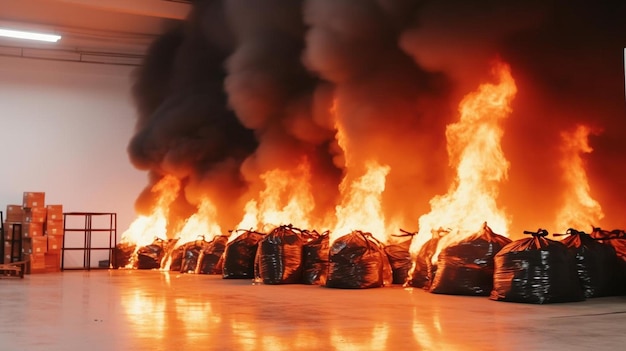 Photo a bunch of bags of fire in a warehouse