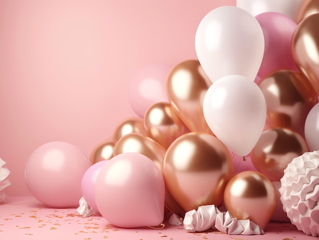 A bunch of balloons are piled up on a pink background with gold and pink confetti.