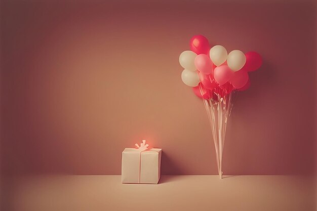 A bunch of balloons are tied to a gift box and a box with the word love on it.