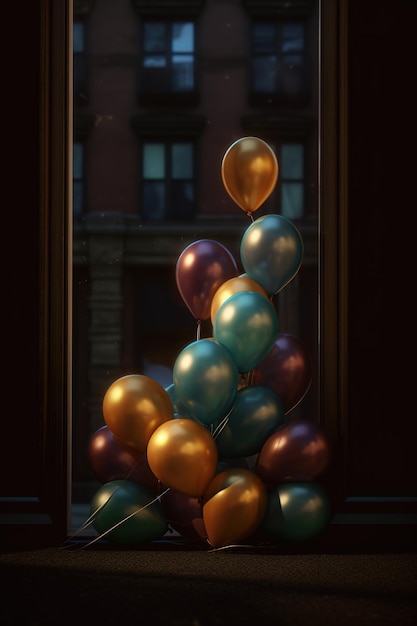 A bunch of balloons are in a window with a building in the background.