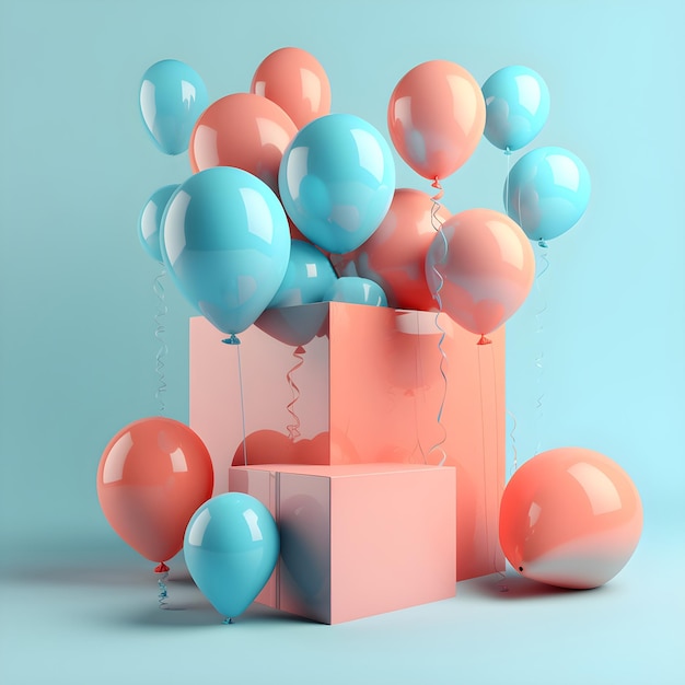 A bunch of balloons and a box are in front of a blue background.