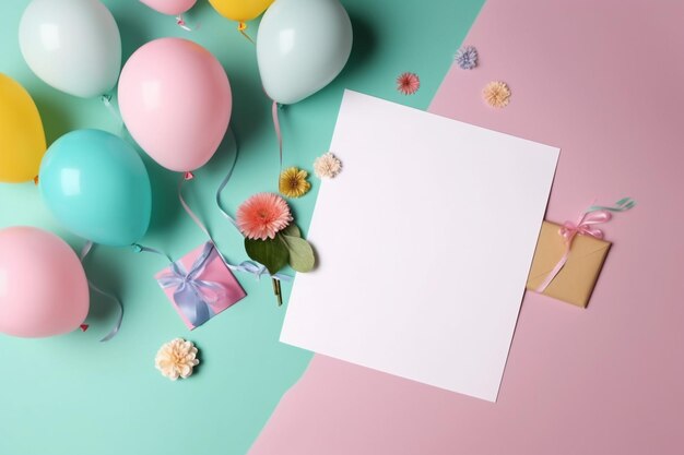 A bunch of balloons and a card with a pink ribbon on a pink and green background.