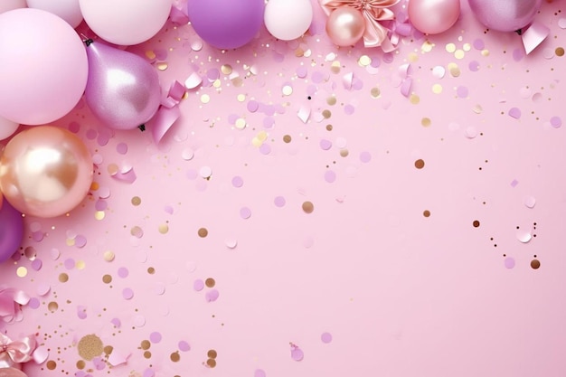 Photo a bunch of balloons and confetti on a pink background