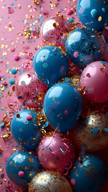 Photo a bunch of balloons and confetti sprinkles on a pink surface