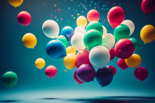 Связка воздушных шаров, парящих в воздухе с большим количеством конфетти поверх них Генеративный ИИ