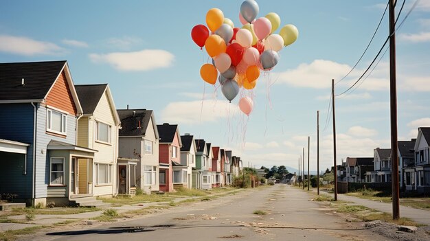 Photo a bunch of balloons flying in the sky over a street with houses