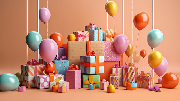 A bunch of balloons and gift box with the baby birthday