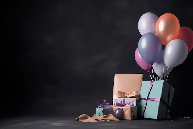 A bunch of balloons and a gift box with a ribbon that says'happy birthday '