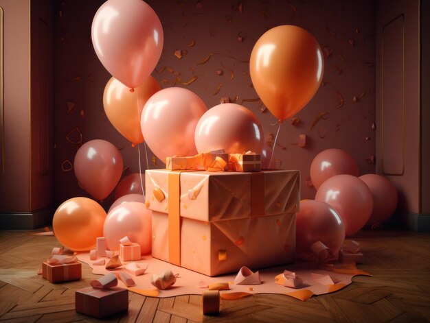 A bunch of balloons and a gift box