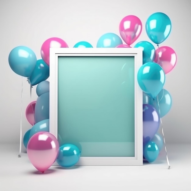 A bunch of balloons is next to a frame