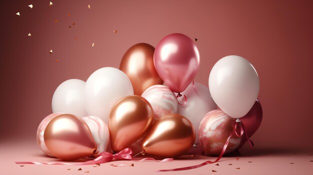 Куча воздушных шаров на розовом фоне с золотыми и белыми шарами.