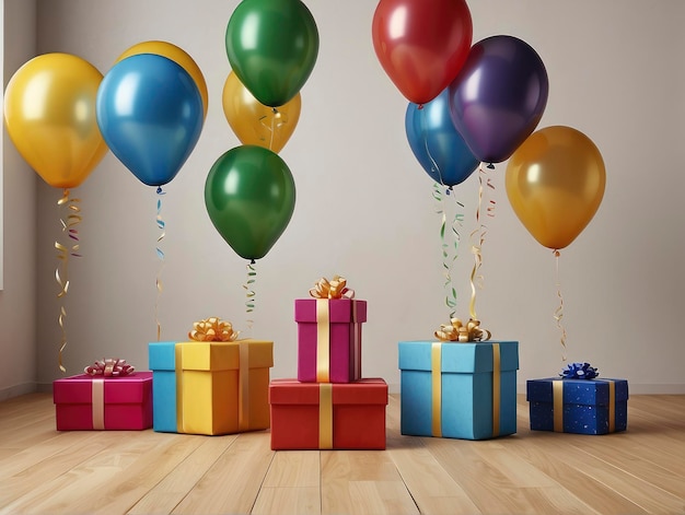 a bunch of balloons and presents on a wooden floor with a window