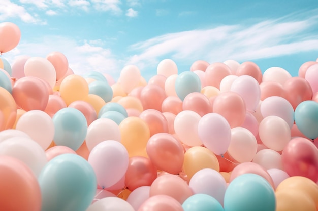 A bunch of balloons in the sky with the sky in the background