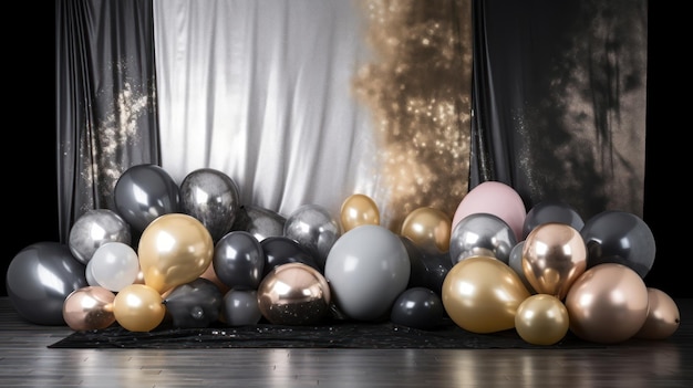 A bunch of balloons on a stage with a curtain behind them