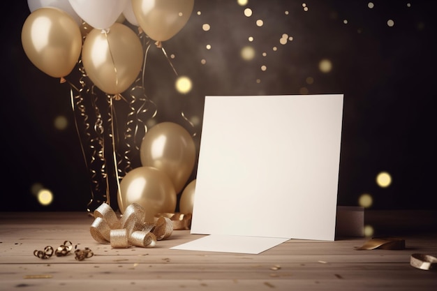 A bunch of balloons and a white card with gold foil on the table