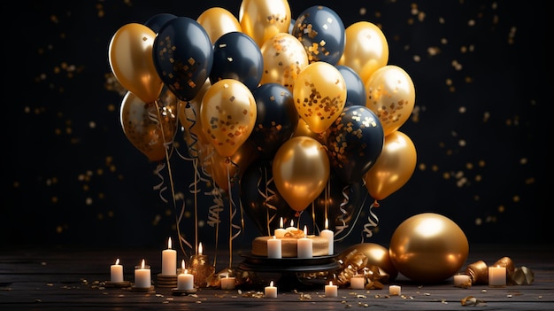 a bunch of balloons with a candle and candles in the background